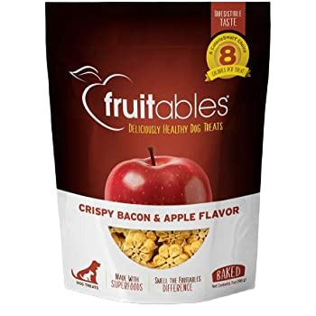 Resealable bag of crispy baked dog treats with apple and bacon flavor by Fruitables, 7 ounces