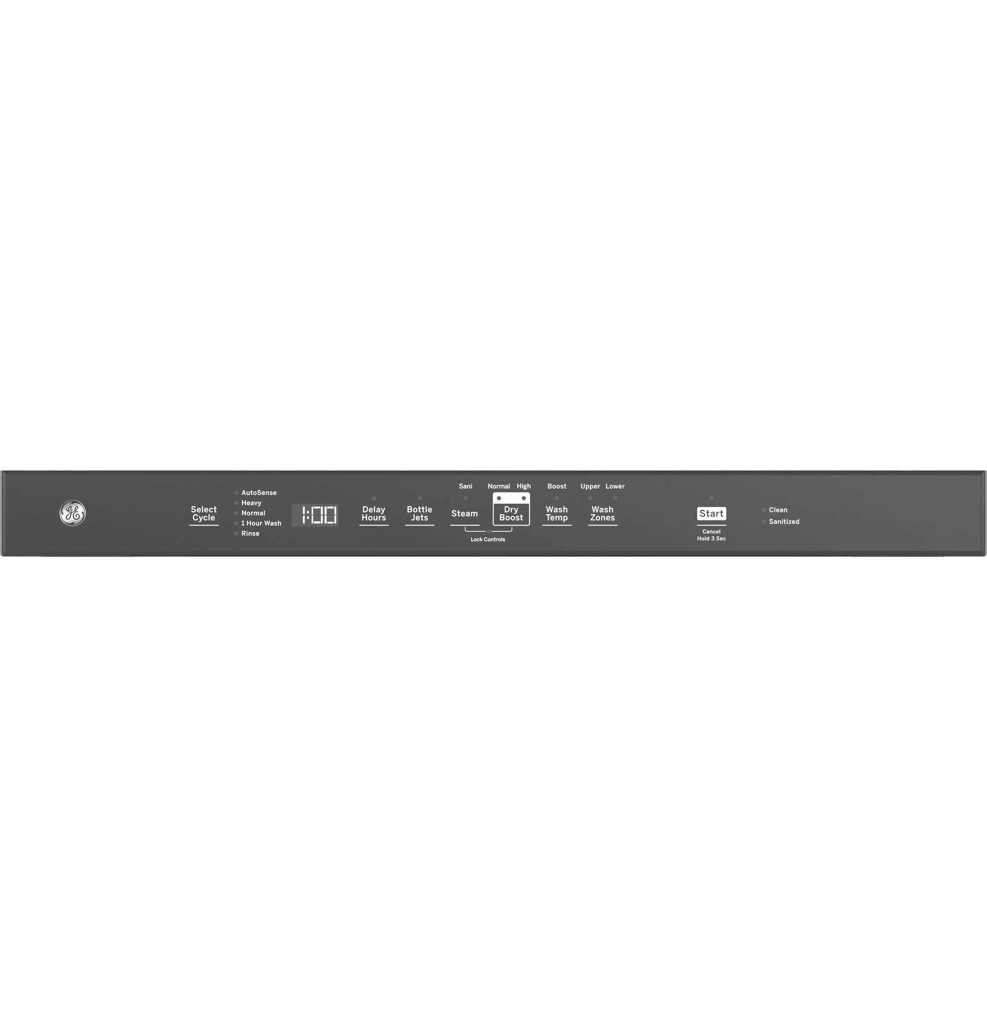 Top control panel of stainless steel dishwasher with cycle selection, delay start, sanitize, and wash zone options in kitchen appliances collection