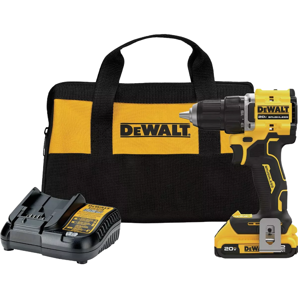 Compact yellow and black cordless drill with battery charger and branded carrying bag from power and woodworking tools collection
