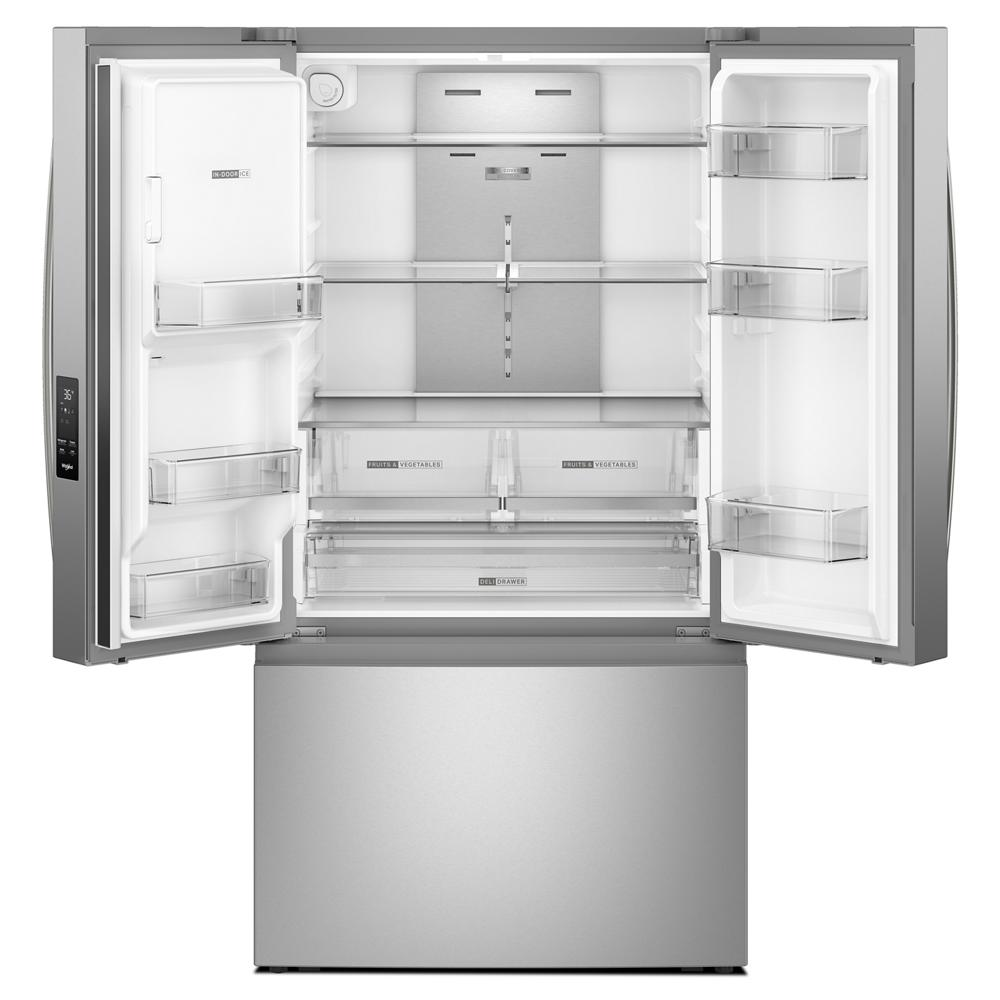 Stainless steel 36-inch French door refrigerator with spacious interior, dual ice makers, and bottom freezer from appliances collection