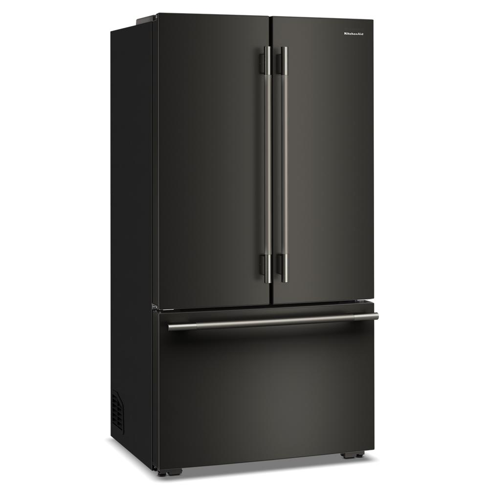 Three-quarter view of a black counter-depth French door refrigerator with stainless steel handles and a bottom freezer drawer, part of Refrigerators and Kitchen & Kitchenware collections for home improvement.