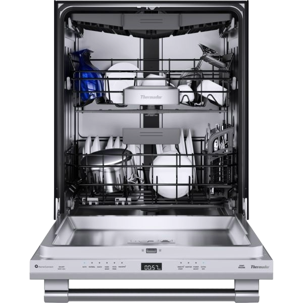 Open stainless steel 24-inch professional dishwasher loaded with kitchenware from Dishwashers and Appliances collection