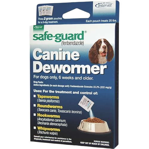 Box of Safeguard canine dewormer featuring dosing pouch information and dog image on front packaging