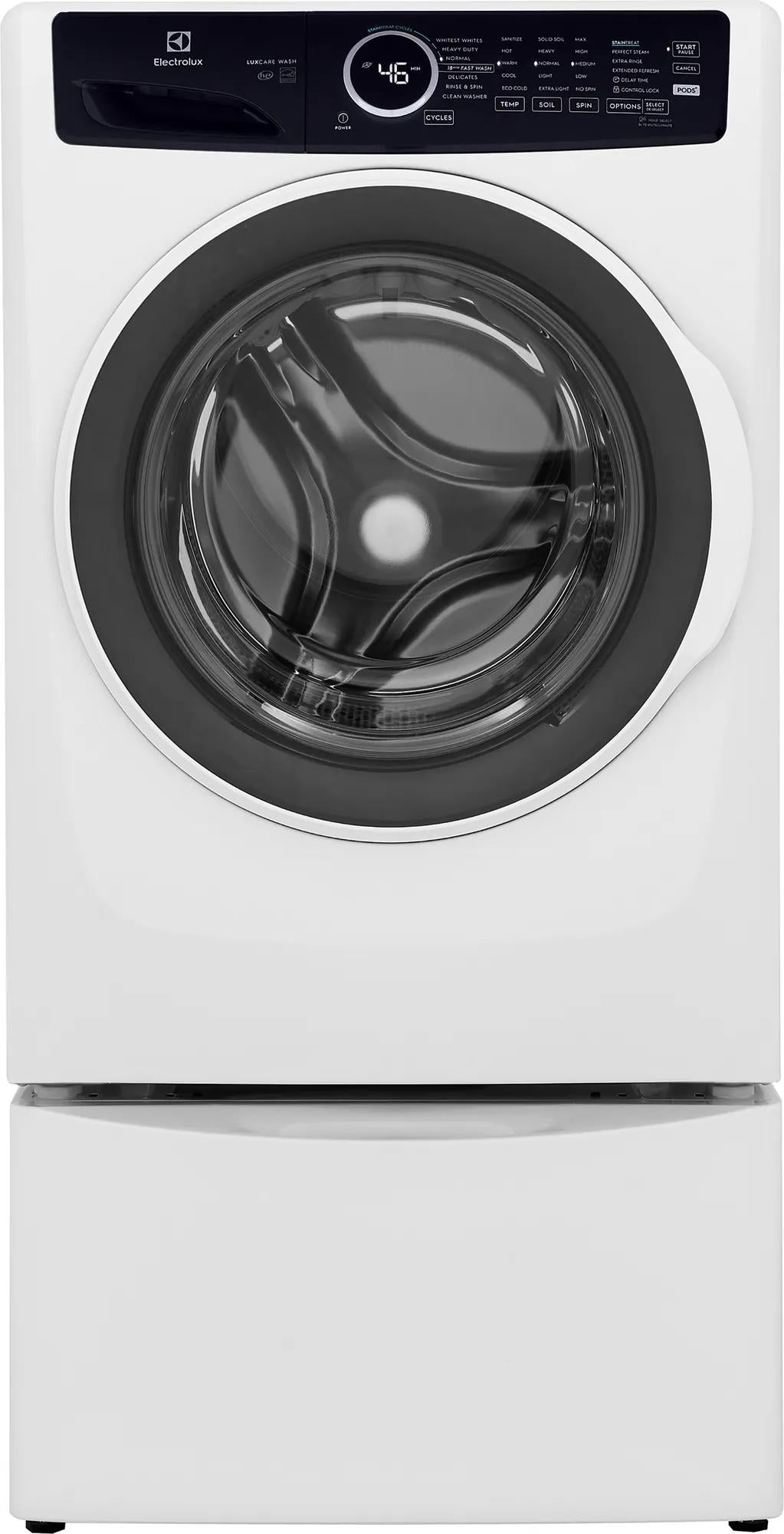 White front load washer with large circular door and digital control panel from Front Load Washers and Appliances collections