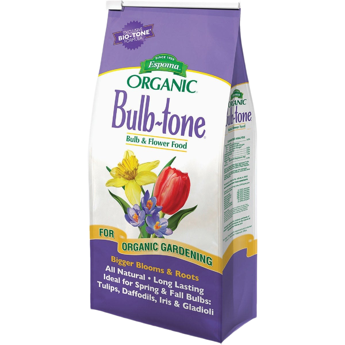 Purple and white bag of organic bulb and flower food for plant fertilizer and garden care collections