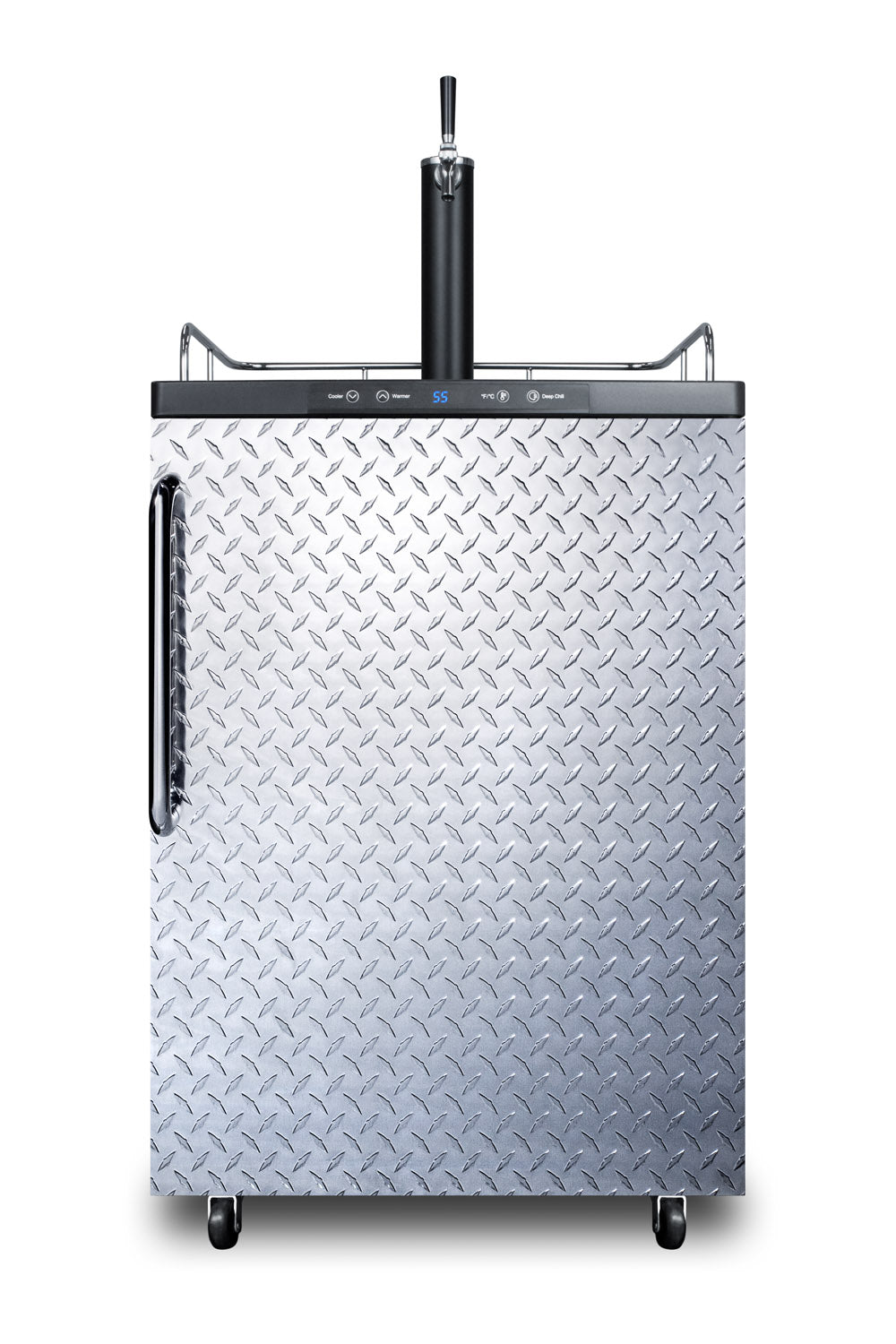 Freestanding kegerator with diamond plate steel door, digital display, and dispensing tap for kitchen appliances and home improvement