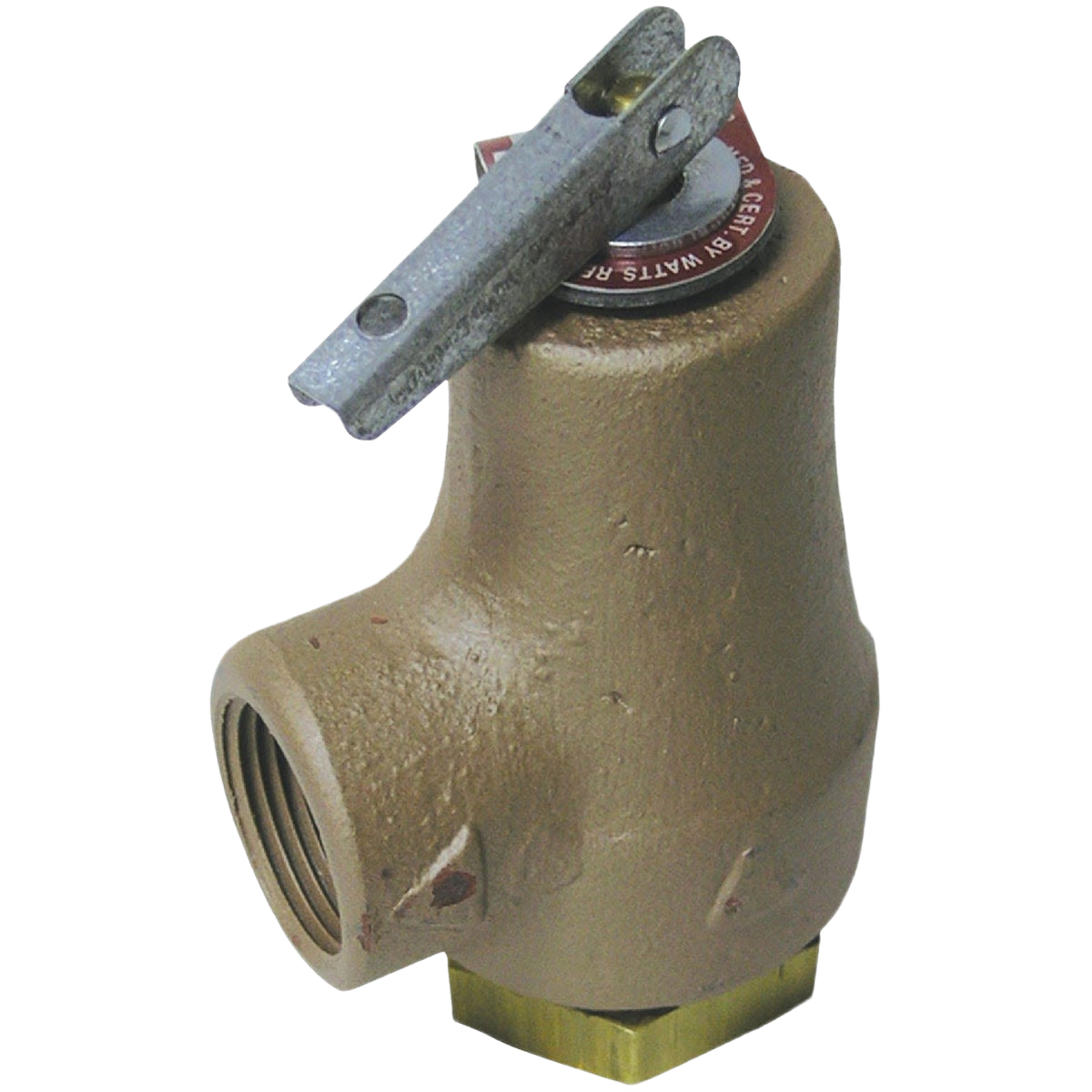 Iron-bodied pressure relief valve with forged bronze inlet for plumbing and water heater parts and accessories.