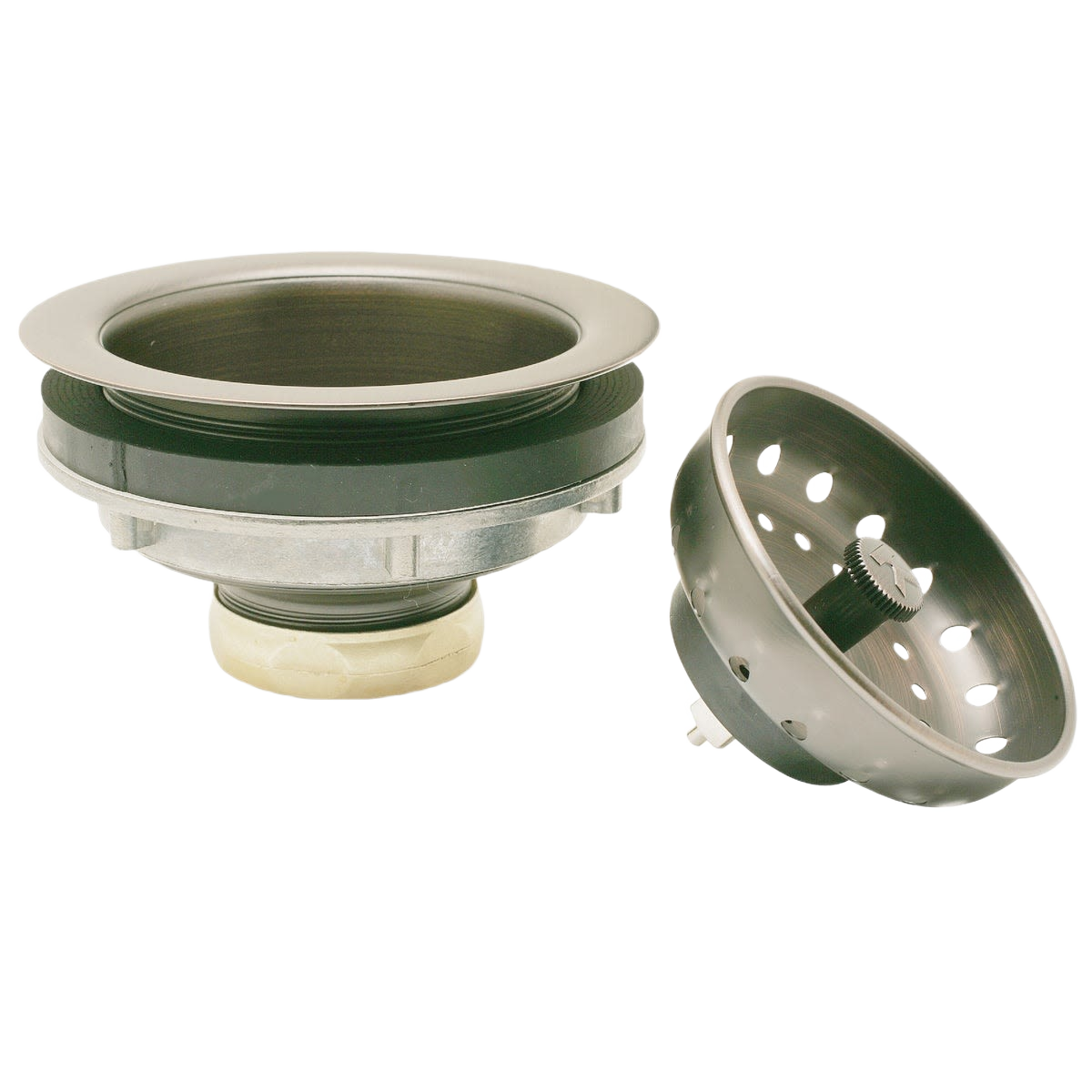 Venetian bronze basket strainer assembly with drain flange and removable perforated basket for plumbing use