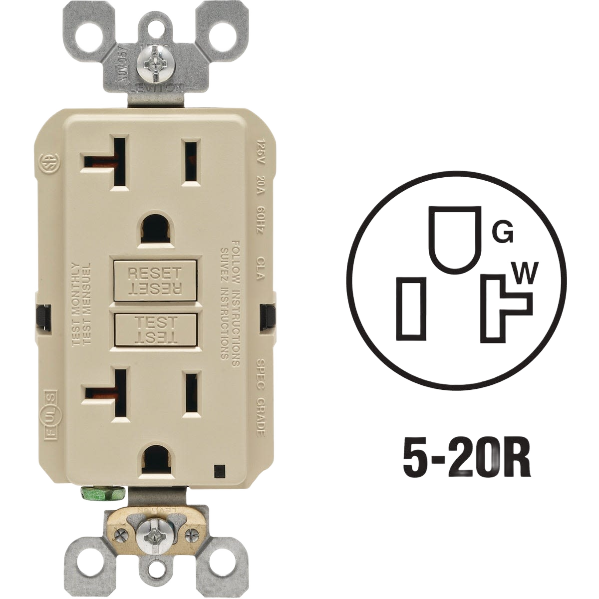 Ivory commercial grade rounded GFCI outlet with self-test buttons and 5-20R electrical configuration under $50 collections