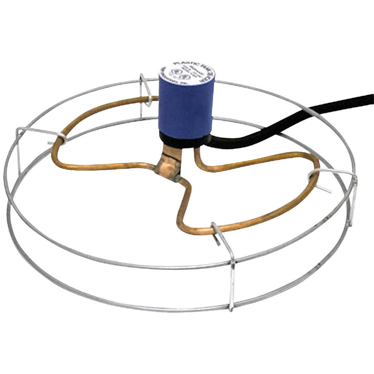 Round submergible de-icer with protective metal cage and insulated electrical cord for outdoor home improvement use