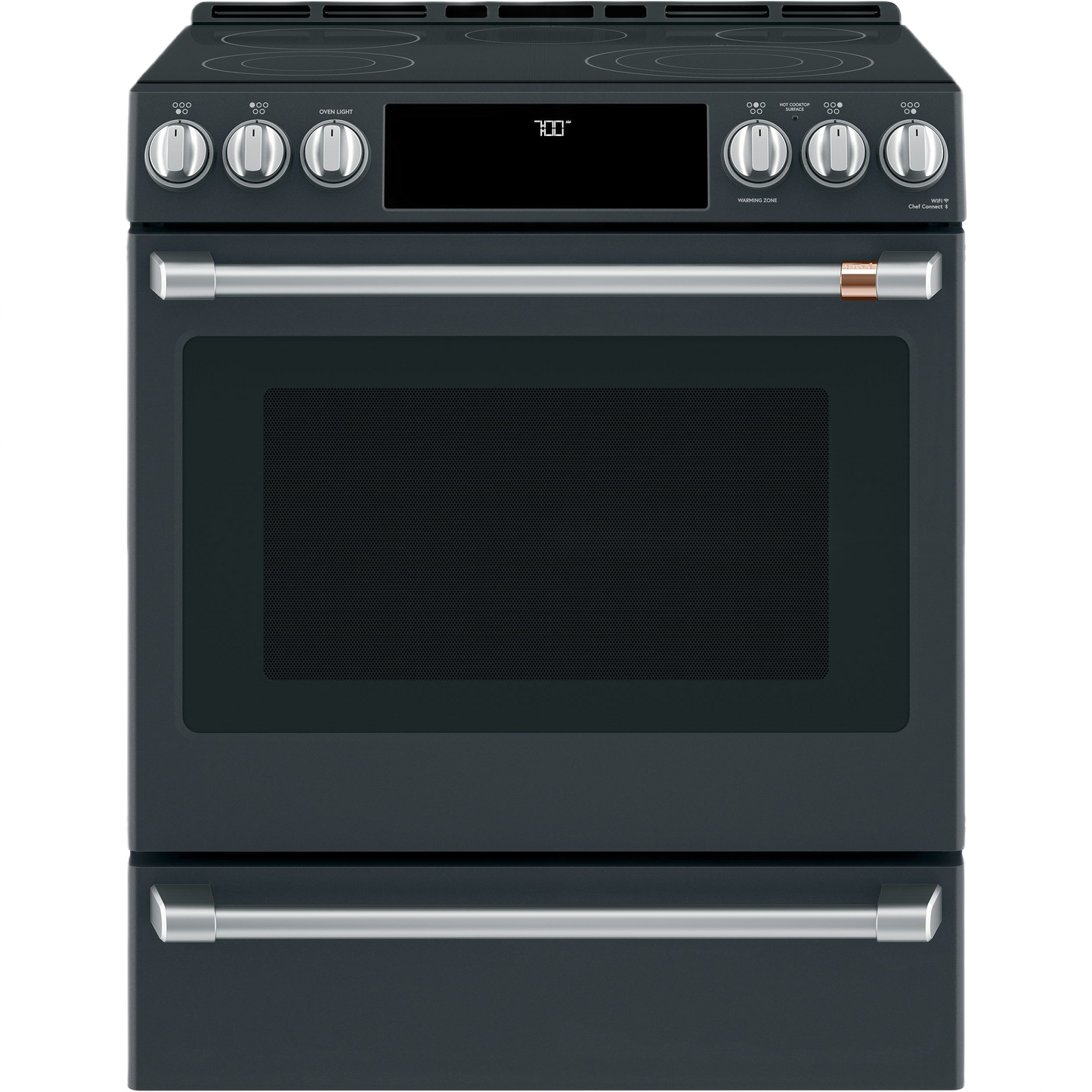 black stainless steel 30-inch radiant and convection slide-in range with front control knobs in kitchen appliances collection