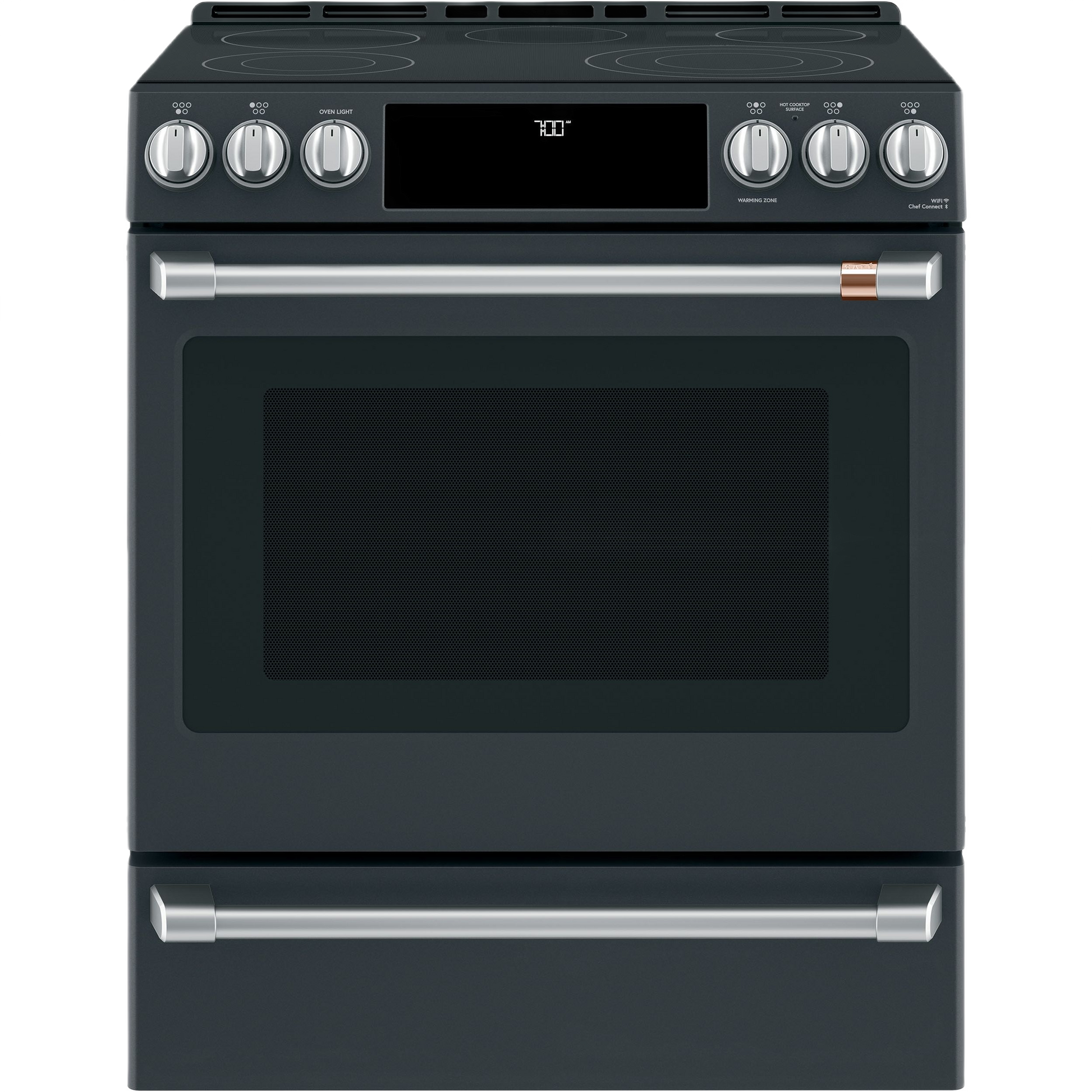 black stainless steel 30-inch radiant and convection slide-in range with front control knobs in kitchen appliances collection