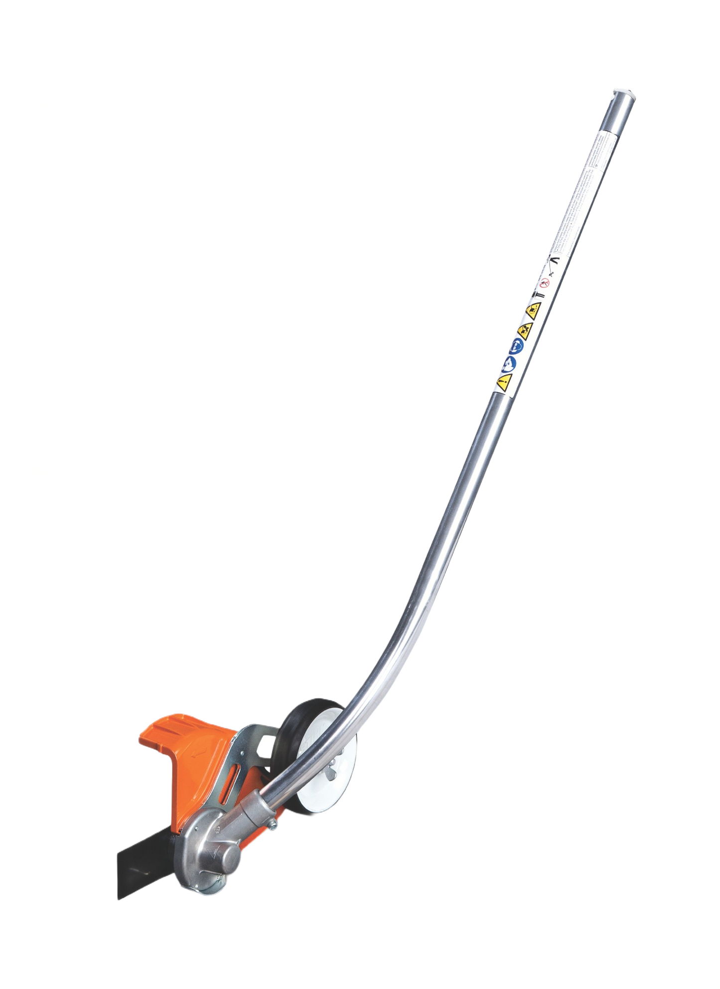 Straight edger attachment with metal shaft and small guide wheel for precise lawn trimming in Trimmers & Edgers collections