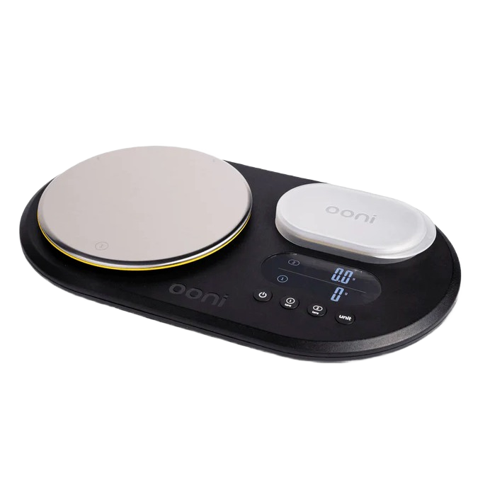 Black digital kitchen scale with dual platforms, backlit display, and touch controls for precise ingredient measurement in grilling tools.