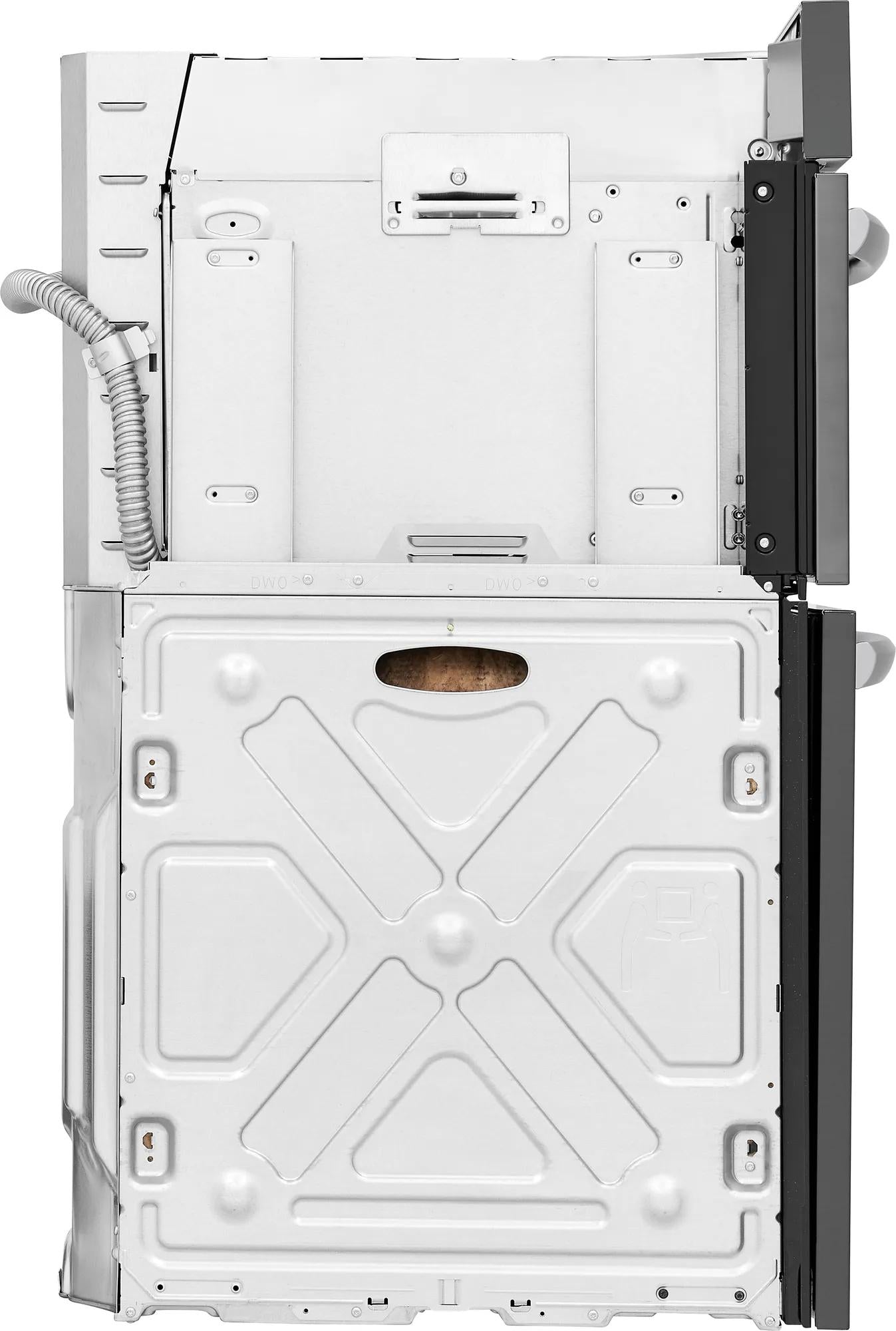Back view of a white electric wall oven and microwave combination showing internal mounting and ventilation components.