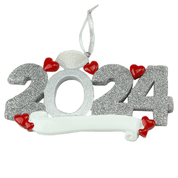 2024 glittery silver ornament with red hearts and a white banner for Christmas Ornaments & Tree Decorations collection