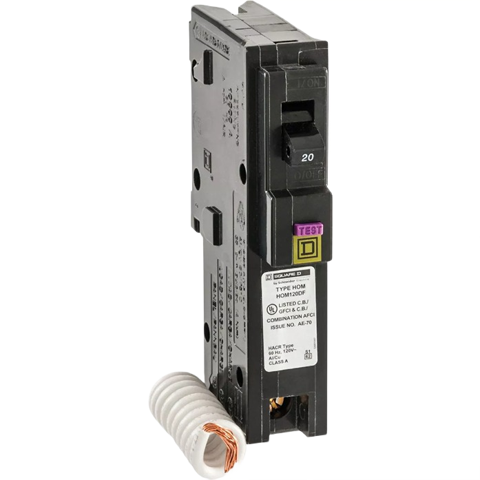 Single-pole circuit breaker with test button and attached copper wire for home improvement use