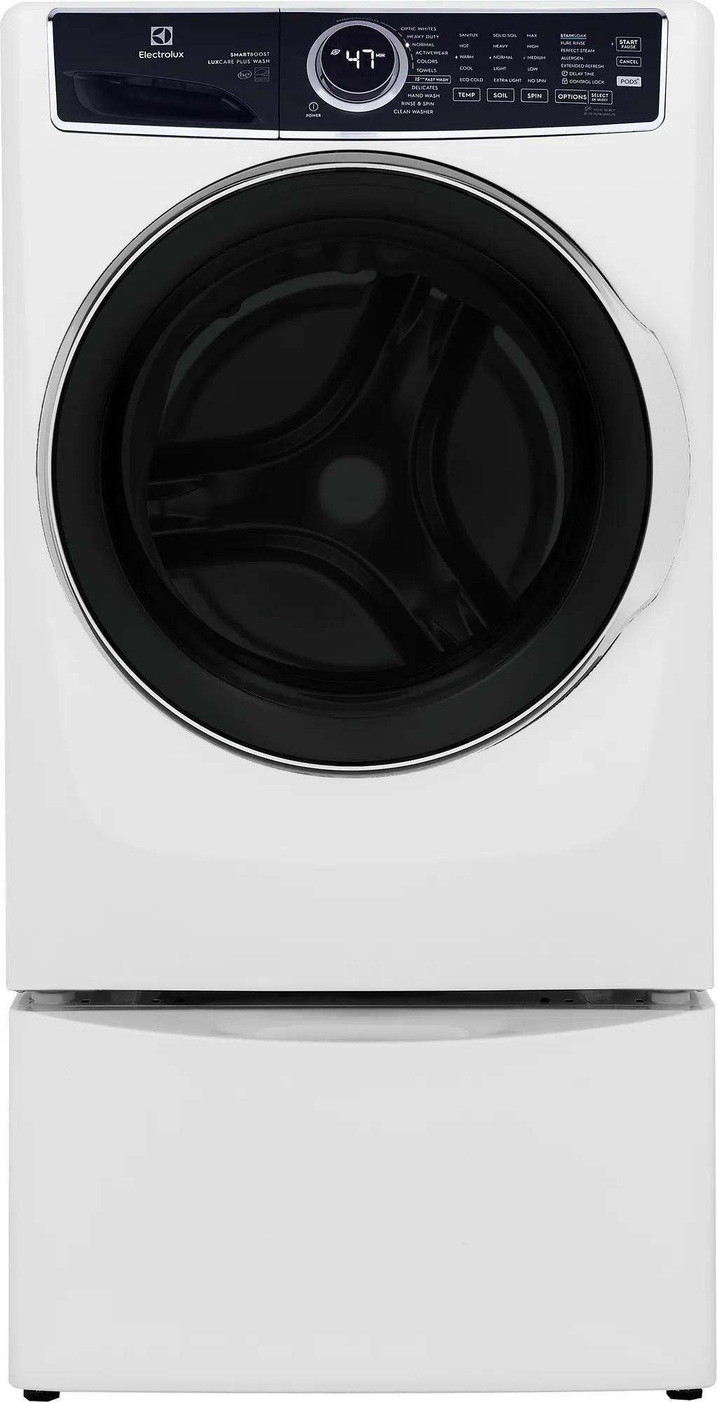 Front load washer with black door and digital control panel, part of front load washers and appliances collection
