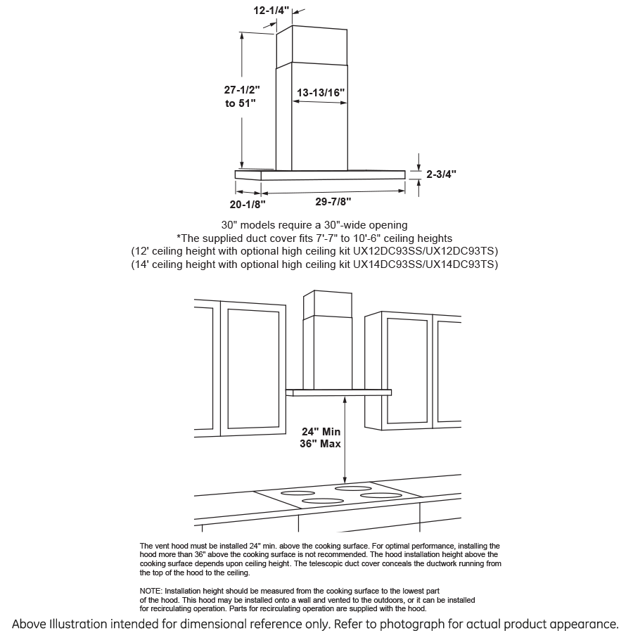 Line drawing of stainless steel wall mount range hood with detailed measurements and installation guidelines for kitchen appliances collection