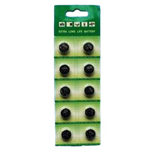 Set of 10 small black button cell batteries on green and white card for tools and home improvement use