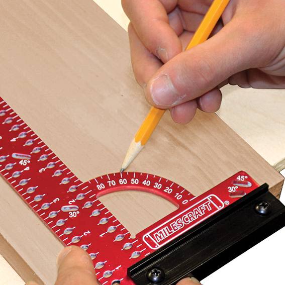 Red Milescraft multi-angle measuring square with protractor for precise angle marking in woodworking and hand tools use