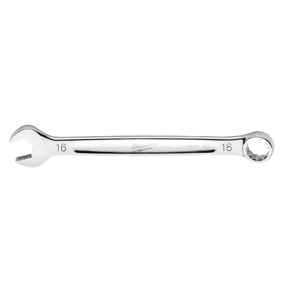 Polished steel 16-mm combination wrench with open and box ends for precision home improvement tasks