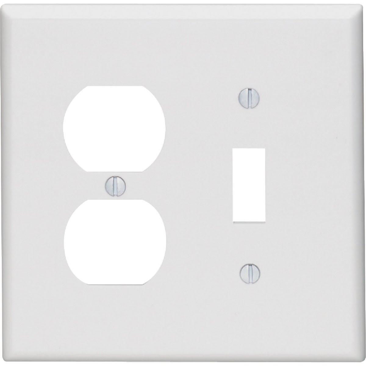 White combination wall plate for 2-gang outlet and toggle switch in home improvement projects