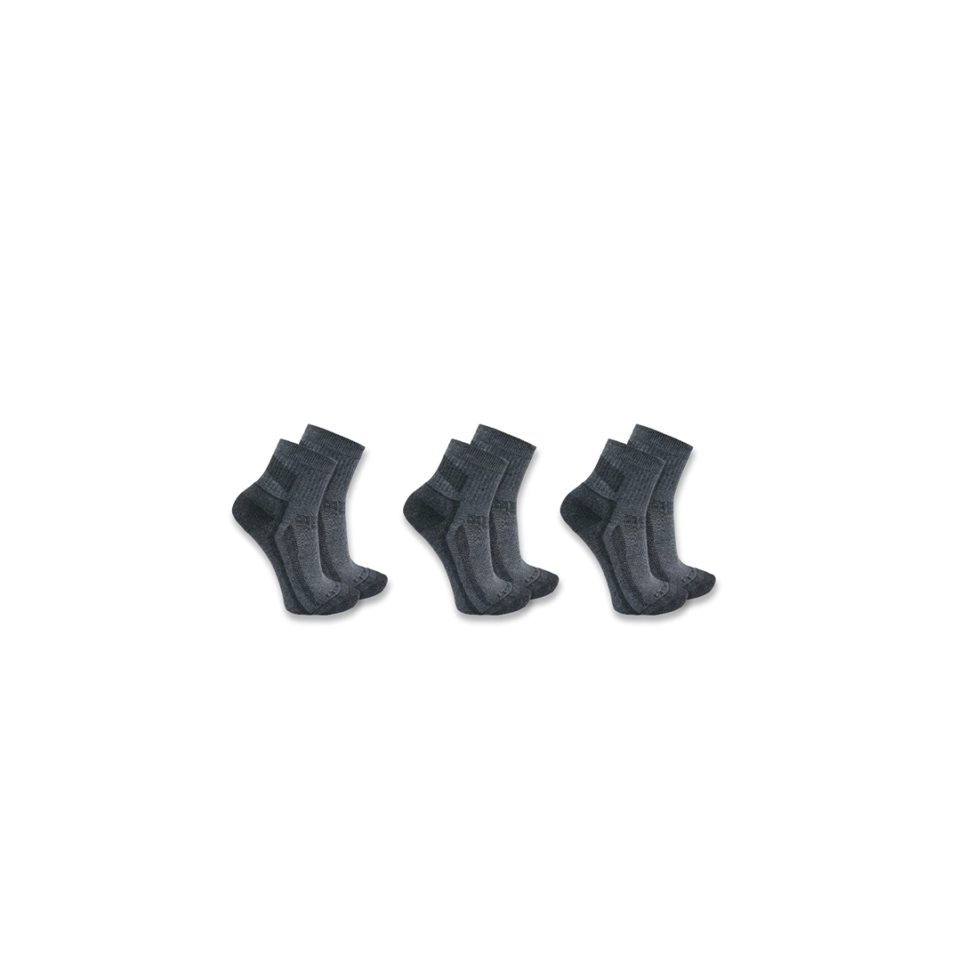 Three pairs of charcoal gray quarter crew socks designed for men in extra-large size.