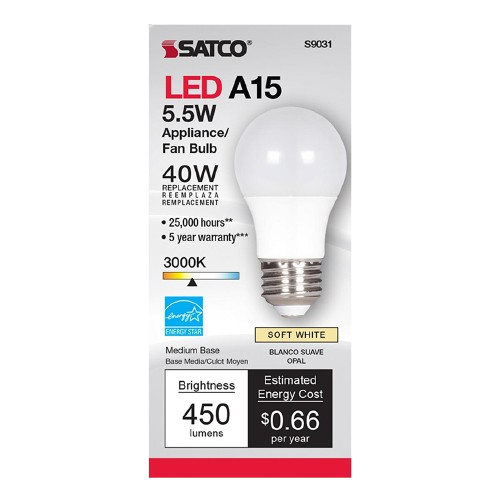 Compact LED A15 appliance bulb with medium base, 5.5 watts, soft white 3000K light for home improvement lighting needs