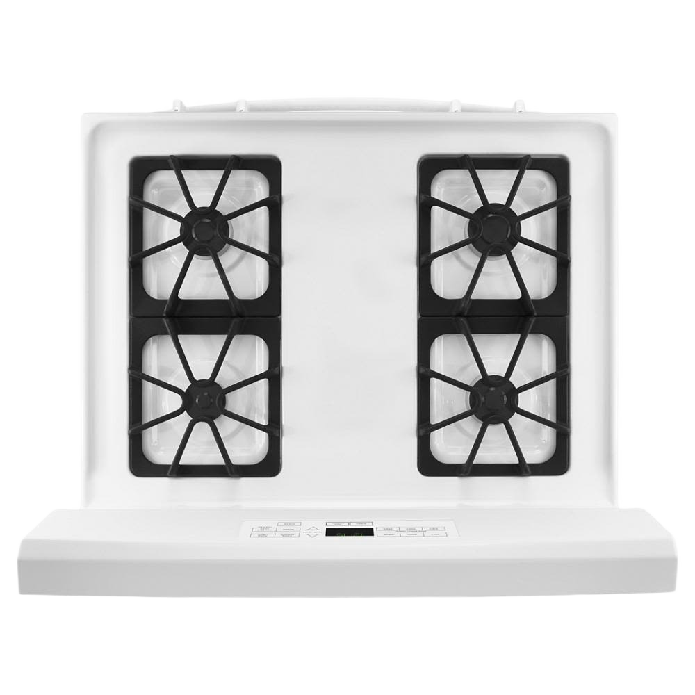 Top view of white 30-inch gas range with four burners and digital control panel in kitchen appliances collection