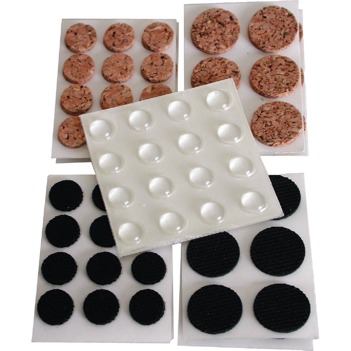 Assorted cork and foam nonskid pads in varying sizes for furniture hardware and home improvement use