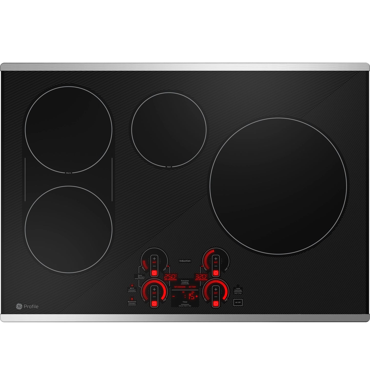 Black built-in induction cooktop with four heating zones and digital touch controls in modern kitchen appliances collection