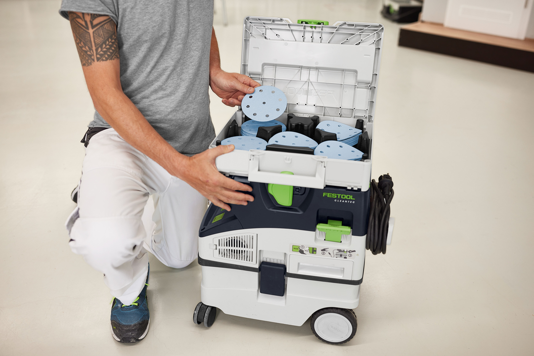 Open Festool Granat abrasives Systainer with organized blue sanding discs for power tool accessories and home improvement