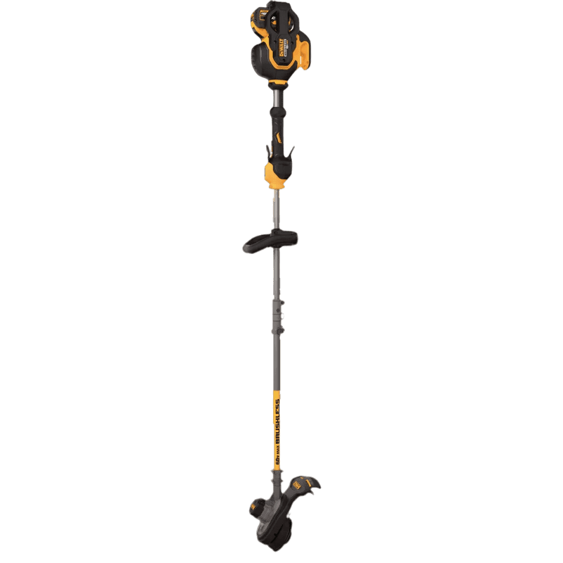 Cordless brushless outdoor string trimmer with adjustable handle and yellow and black design for home improvement tasks