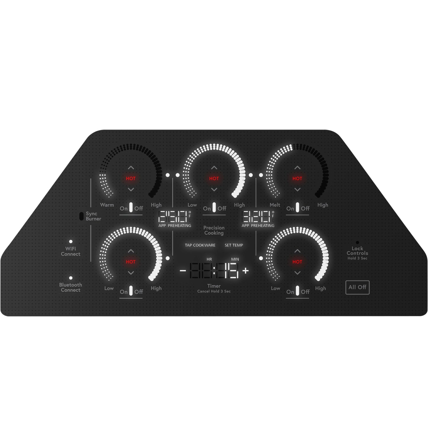 Black touch control panel for built-in induction cooktop with five heating zones and WiFi connectivity in Cooktops collection