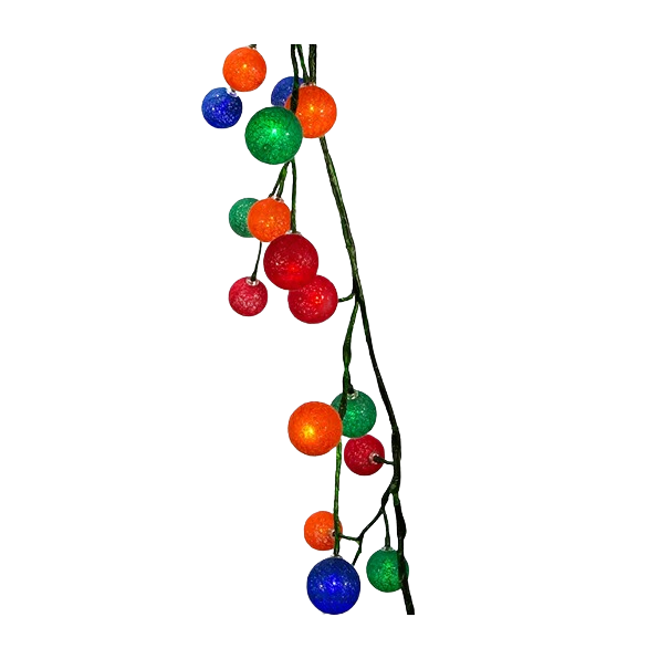 Green garland decorated with glowing multicolored cotton ball LED lights for vibrant seasonal decor