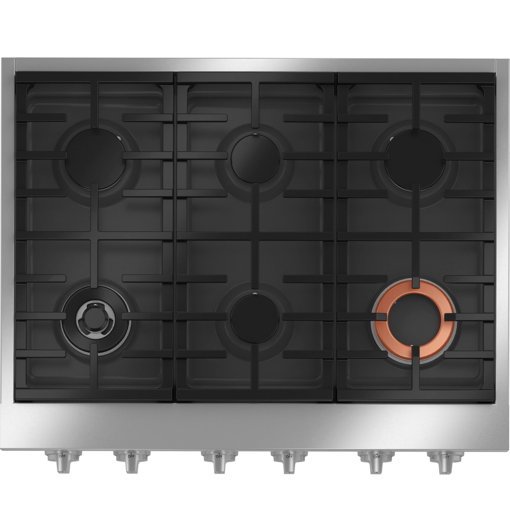 Stainless steel 36-inch commercial-style gas rangetop with six burners and control knobs in kitchen appliances collection
