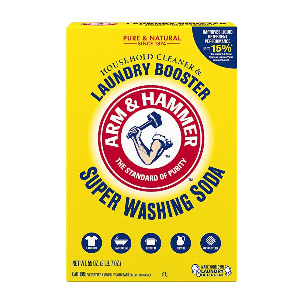 Yellow box of Arm & Hammer Super Washing Soda laundry booster for cleaning and laundry supplies collections under $50