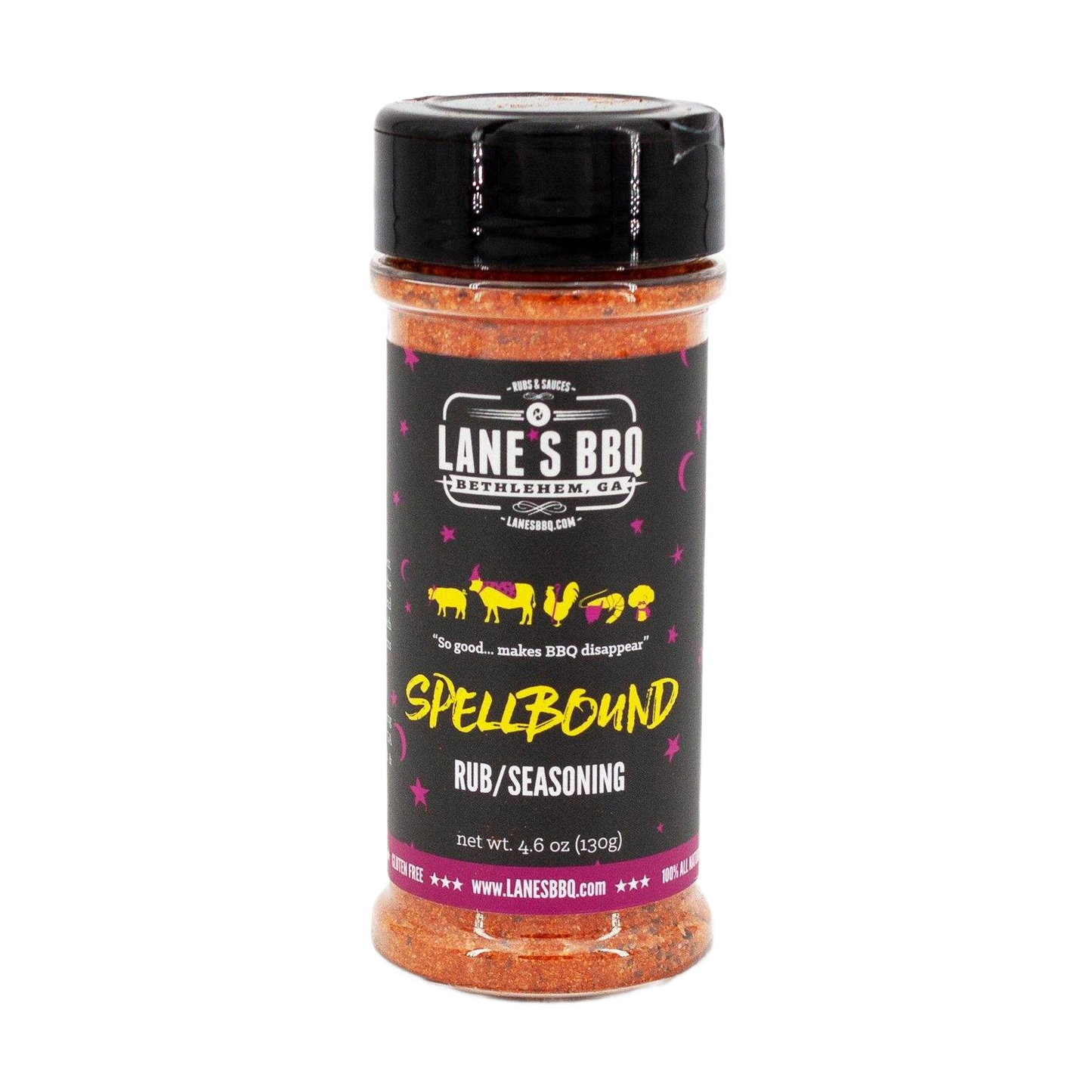 Bottle of Lane's Spellbound Rub seasoning with sweet, salty, smoky flavor for BBQ grilling and outdoor cooking