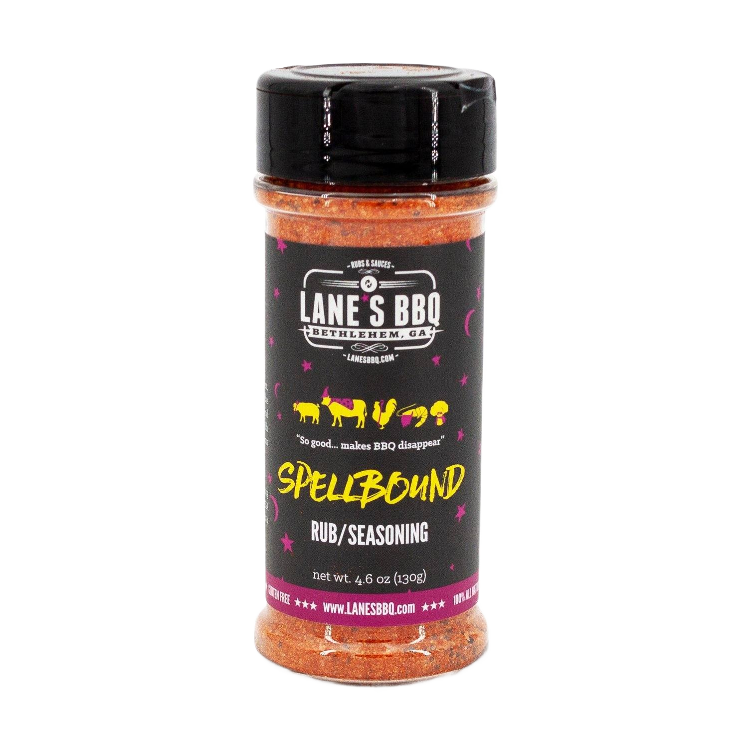 Bottle of Lane's Spellbound Rub seasoning with sweet, salty, smoky flavor for BBQ grilling and outdoor cooking