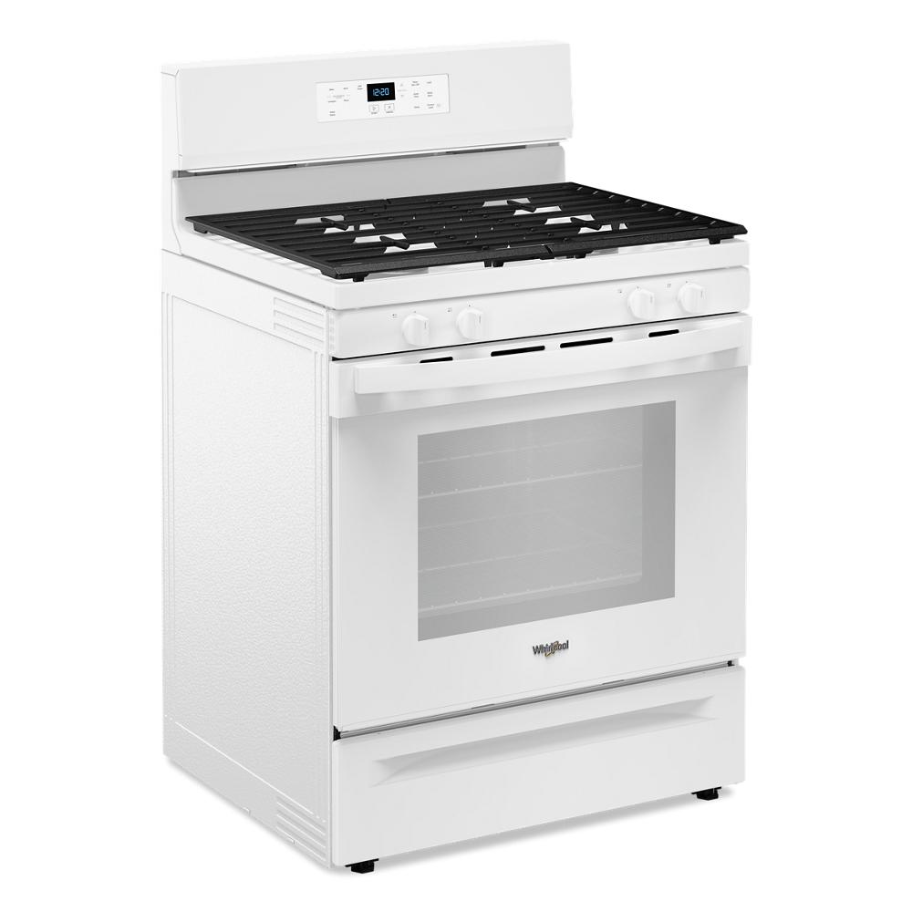 Angled view of white 30-inch self clean gas range with front control knobs and digital display from Gas Ranges collection