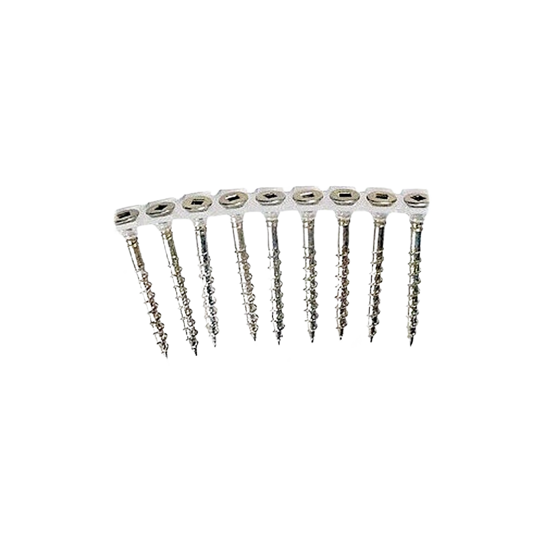 Row of silver collated 8-gauge decking screws with flat heads for durable fastener use in home improvement projects