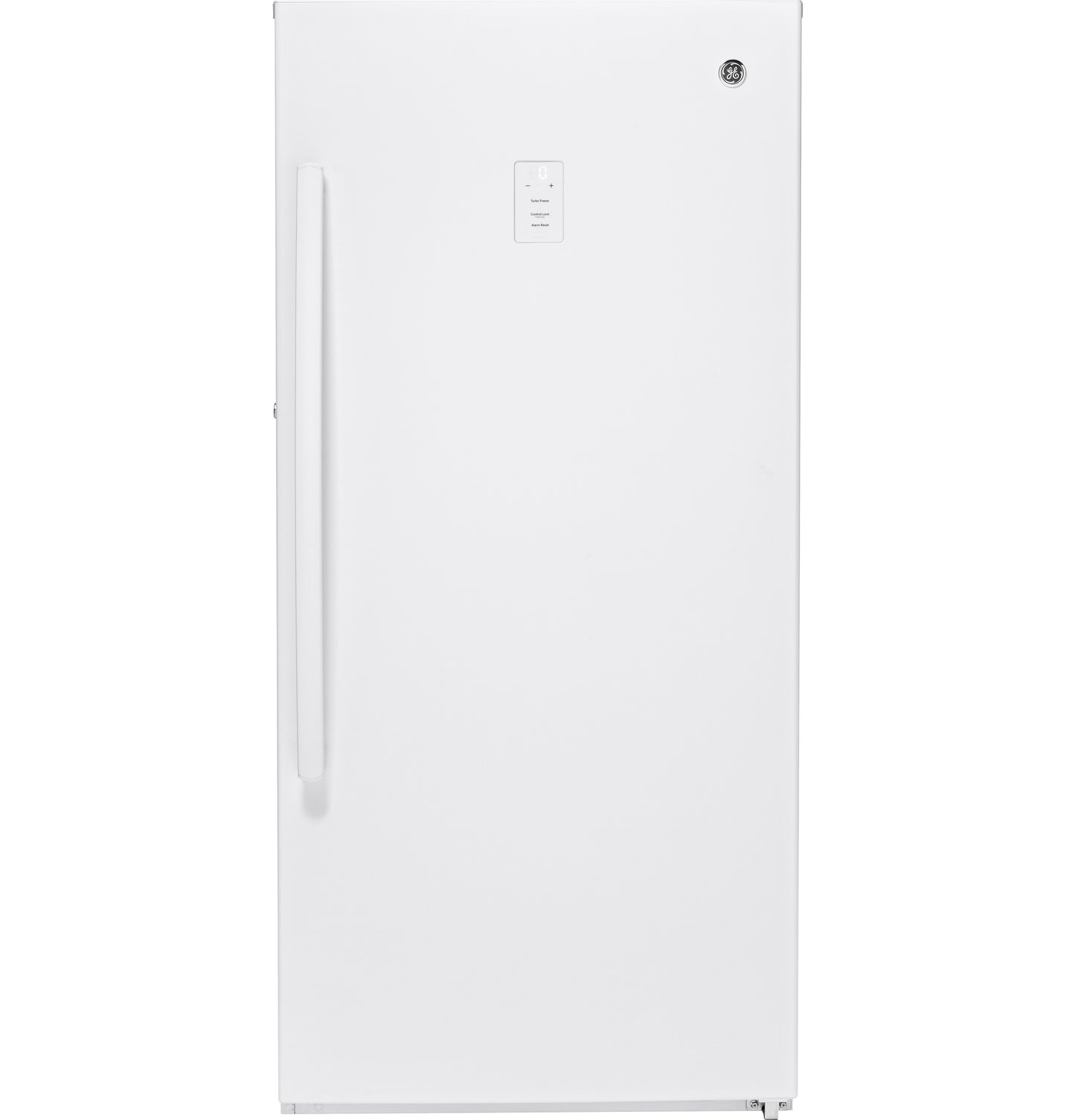 White upright freezer with digital control panel and vertical handle, suitable for garage and kitchen use in appliances collection