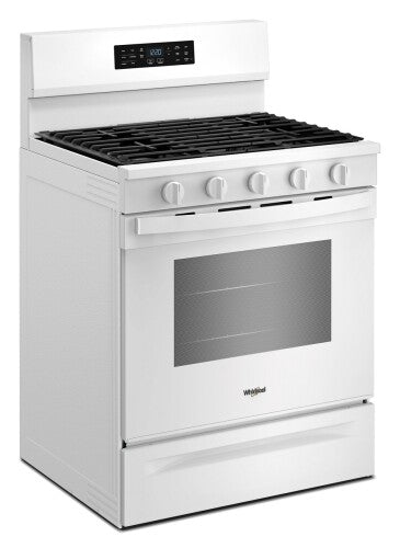 white 30-inch gas range with digital control panel and EZ-2-Lift hinged grates for kitchen and home improvement