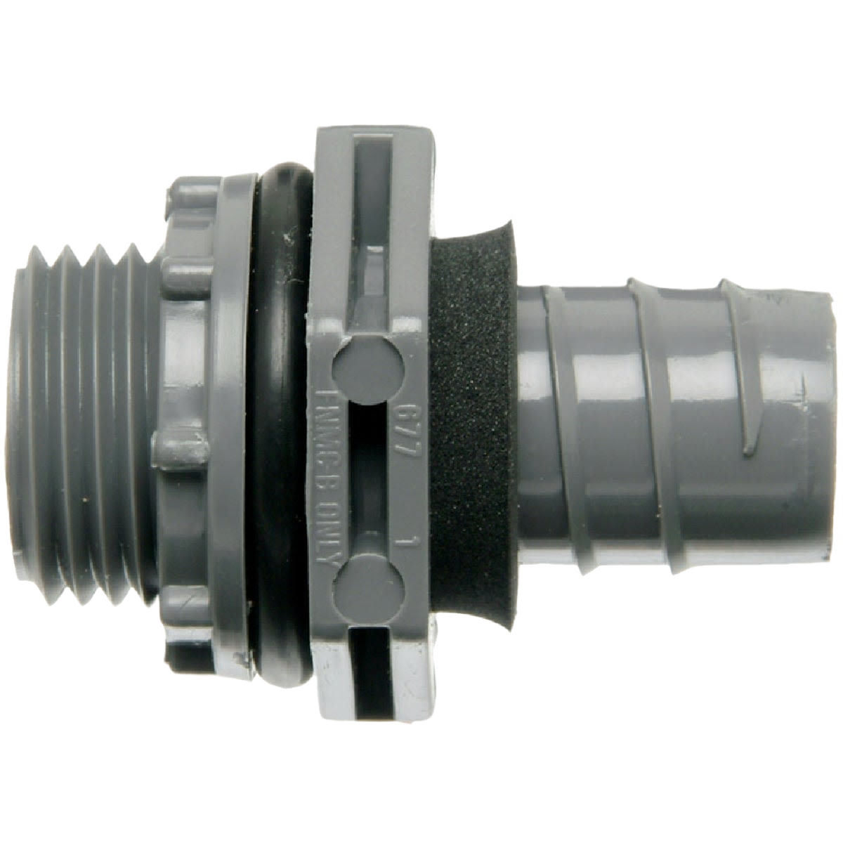 Gray non-metallic tight liquid connector with threaded fitting for electrical conduit and home improvement projects