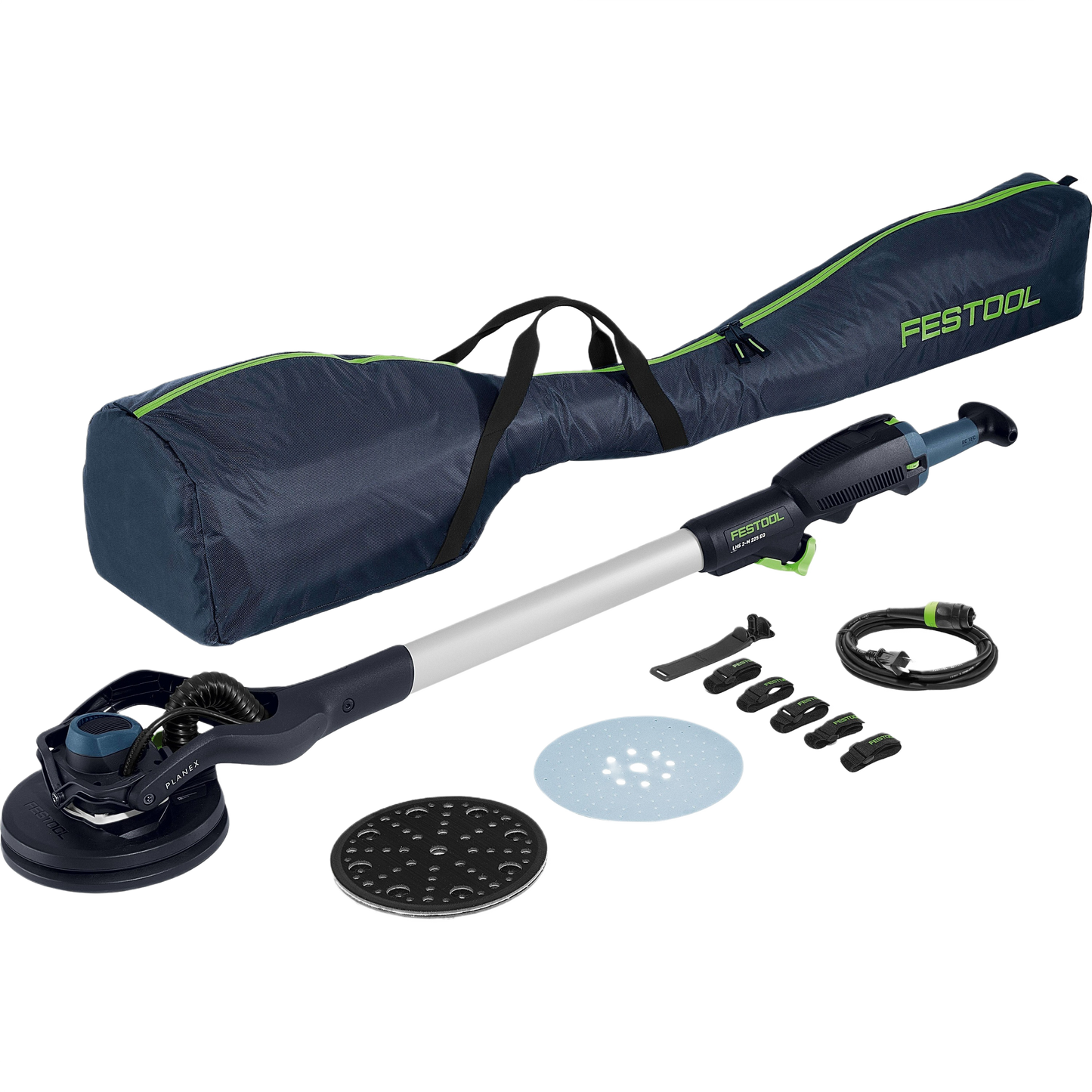 Festool drywall sander kit with extendable handle, sanding discs, power cord, and carrying bag for home improvement tools
