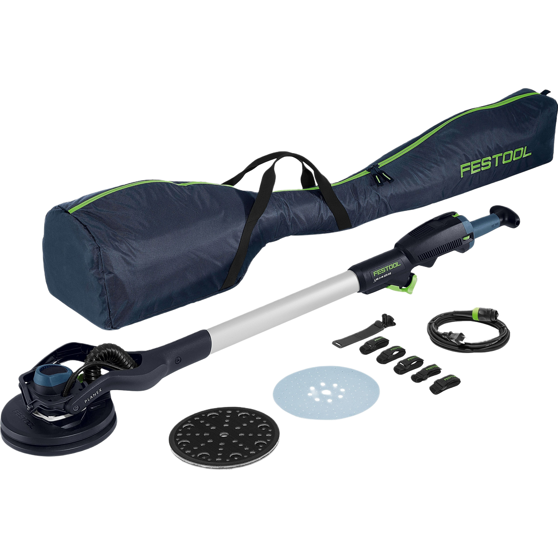 Festool drywall sander kit with extendable handle, sanding discs, power cord, and carrying bag for home improvement tools