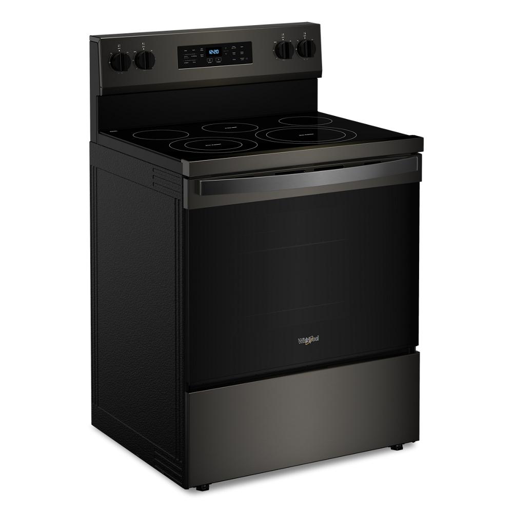 Matte black 30-inch electric range with smooth ceramic cooktop featuring four burners, digital controls, and stainless steel handle, part of Ranges and Kitchen & Kitchenware collections.