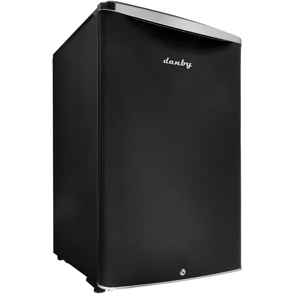 Sleek black compact refrigerator with retro curved door and metallic trim in mini refrigerators and kitchenware collection