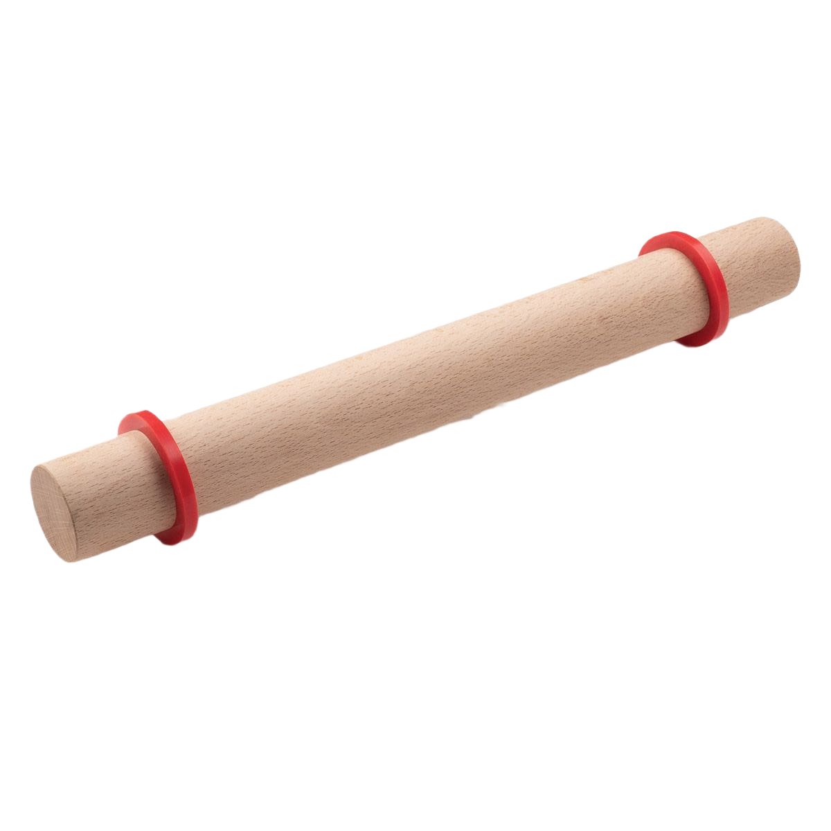 Wooden rolling pin fitted with red silicone rings for even dough thickness in kitchenware and baking gadget collections